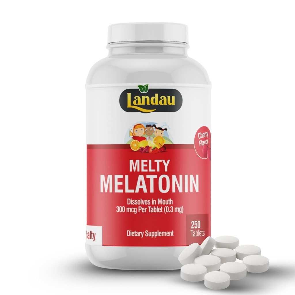 LANDAU Melty Melatonine Dissolve rapidement les comprimés, vous aide à tomber Asleep Faster, Facile à prendre, Dissolve dans la bouche, Saveur de cerise, 0.3mg - 300 mcg (250)