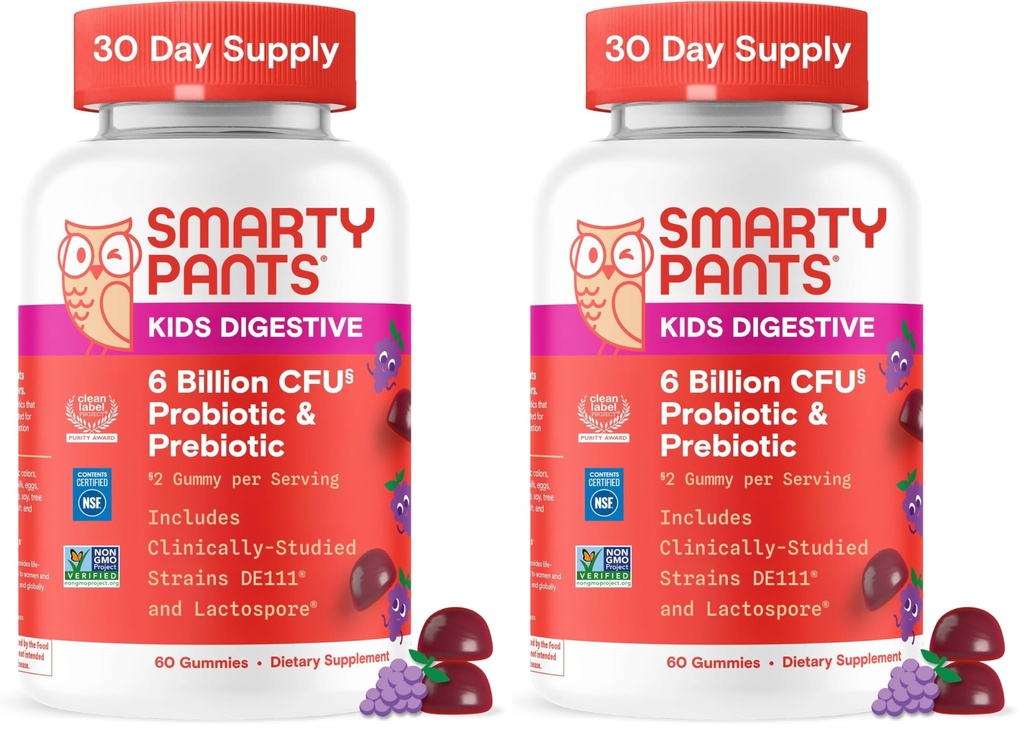 SmartyPants Kids Probiotic & Prebiotic Gummies for Digestive Health: Gut Health Supplement,Clinically Studied Prebiotic for Immune Support,Grape,(30 Day Supply),60 Count (Pack of 2)