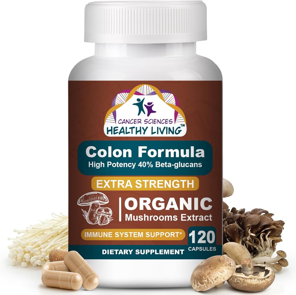 Cancer Sciences Colon Wellness Supplement, USDA Certified Organic Mushrooms Extract, Extra Strength 1,500 mg, High Potency 40% Beta-Glucans, Immune, Gut & Digestive, Colon Cleanse & Detox, 120 Caps