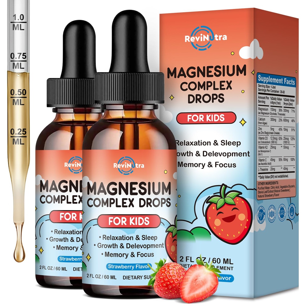 Magnesium for Kids, Kids Magnesium Glycinate Liquid Drops with Calcium, Zinc, L-Theanine, Vitamin D3 K2, C for Sleep, Relaxation, Calm, Focus, Brain,Mood, Bones & Muscles - Strawberry Flavor 2 Pack