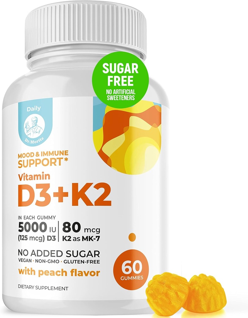 DR. MORITZ Vitamin D3 Gummie (5000 IU) mit K2 - für Erwachsene und Kinder - Vitamin D3 K2 Gummie für Immununterstützung & Knochengesundheit - Vegan, Zuckerfrei, Glutenfrei (60 Count)