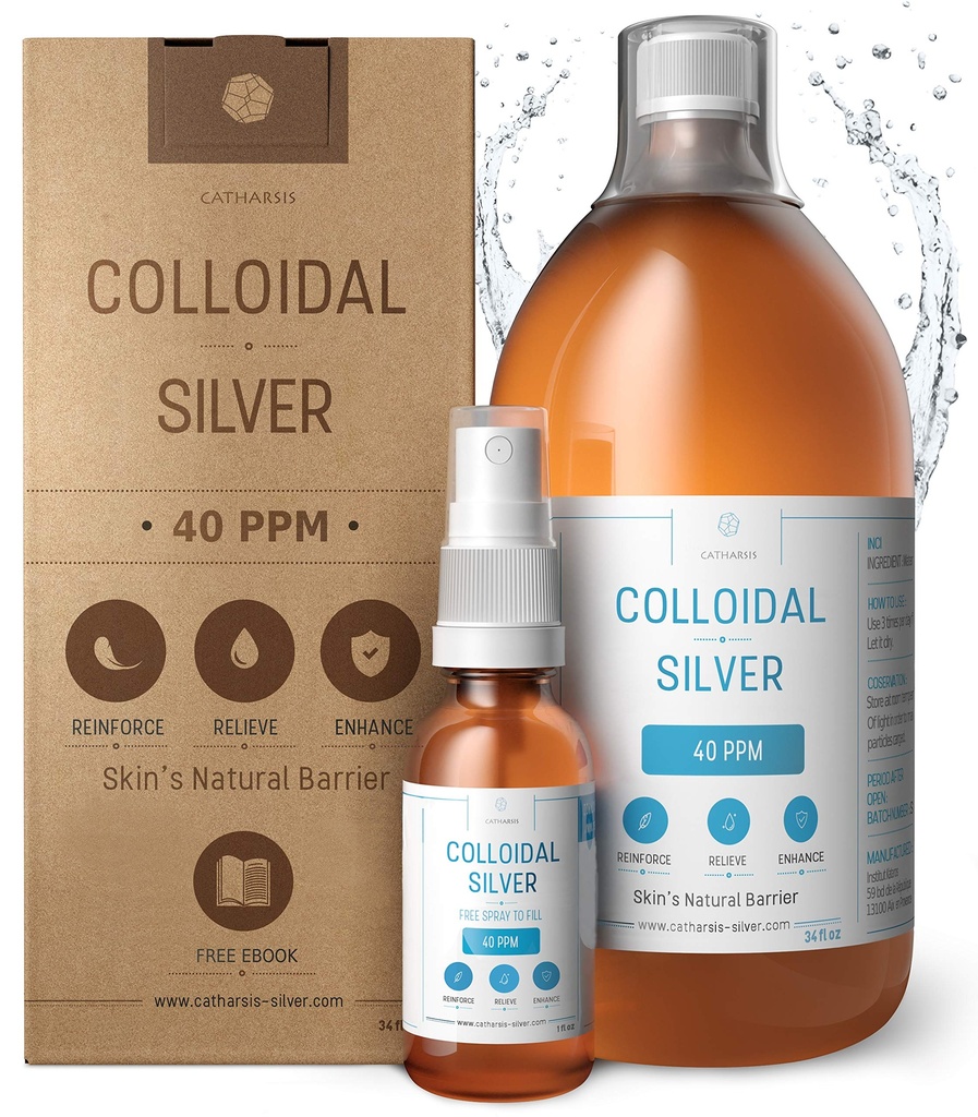Argent colloïdal premium ● Formule de concentration optimale, particules plus petites, meilleurs résultats ● Certifié en laboratoire ● Argent liquide fabriqué dans l'UE ● Bouteille de pulvérisation gratuite pour remplir et Ebook (34 fl oz)