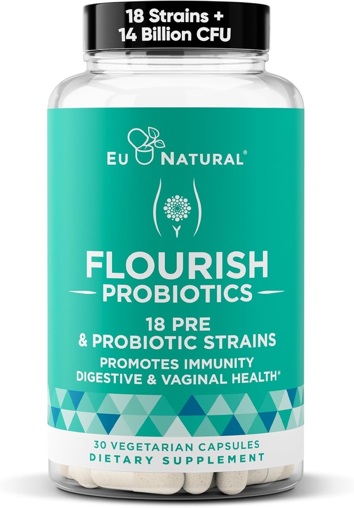 Flourish Probiotics + Prebiotics for Women – Gut and Digestion, Urinary Tract, Reduce Bloating, Vaginal Health – 18 Clinically Proven Strains, 14 Billion CFU – 30 Shelf-Stable Mini Vegan Capsules