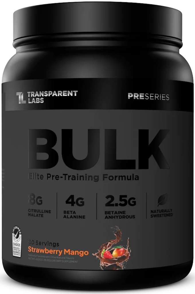 Transparente Labs Bulk Black Pre Workout - Klinisch dosiertes, zuckerfreies Preworkout für Männer und Frauen mit Beta Alaninpulver, Citrullinmalat und Koffeinpulver - 30 Portionen, Strawberry Mango