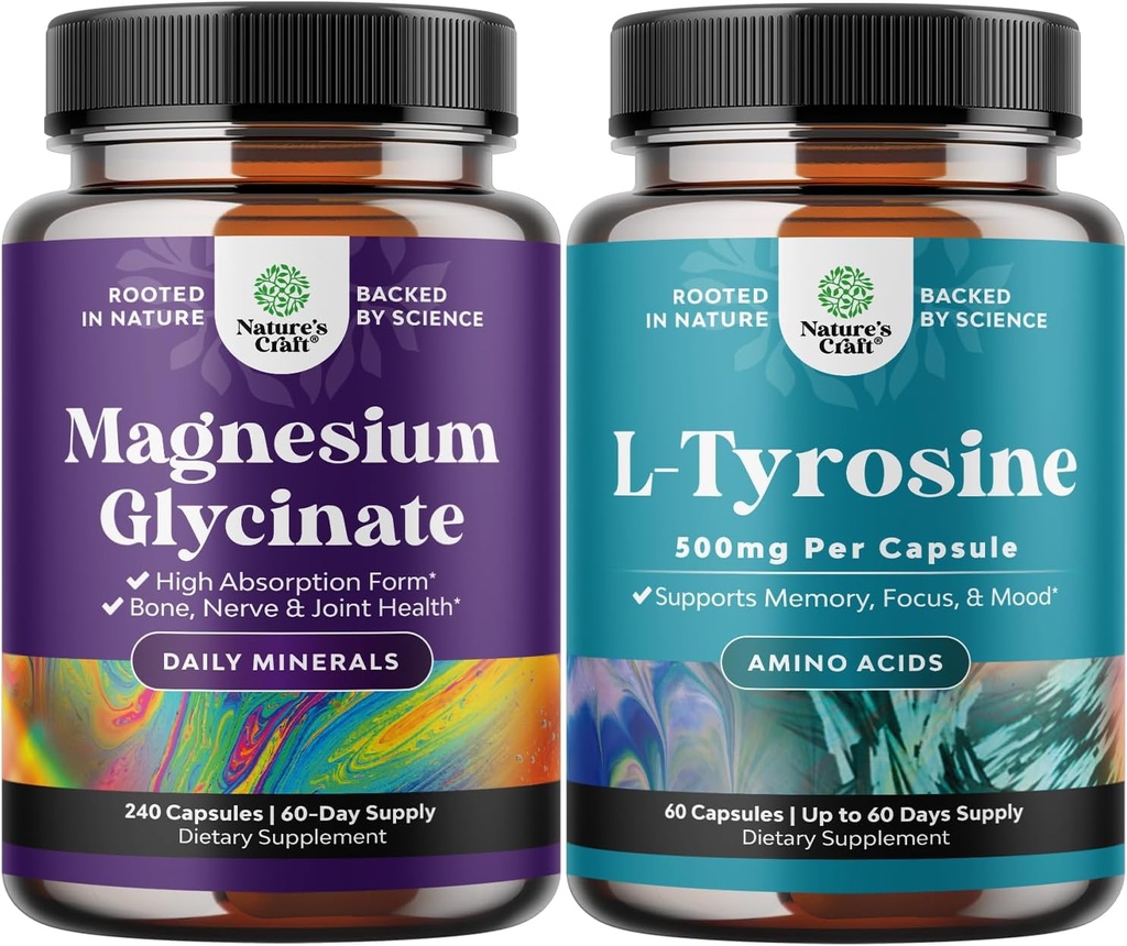 Ensemble de capsules Magnésium Glycinate à haute absorption pour Calmer Sleep Plus Muscle Bone & Nerve Support et sans forme L Tyrosine Capsules 500mg pour l'énergie mentale et Focus Support