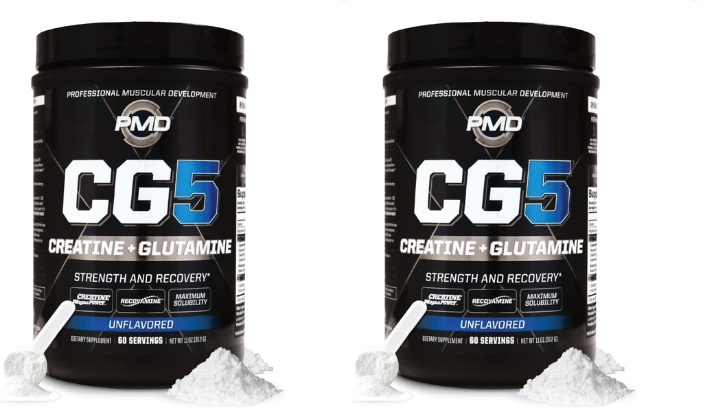 PMD Sports CG5 Premium Creatine & L Poudre de glutamine, récupération de puissance, construire le muscle maigre, augmenter la performance d'entraînement, la force maximale avant l'entraînement et après l'entraînement, non aromatisé, 60 portions (paquet de 2)