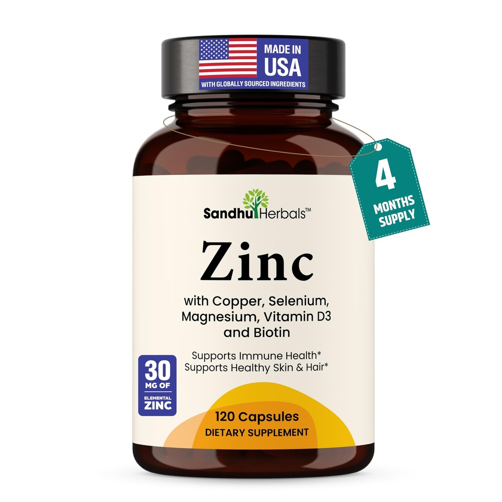 Zink 30mg mit Kupfer, Selen & Vitamin D3 | 120 Kapseln | Magnesium, Vitamin B6, Biotin | Absorbierbare Zink-Ergänzungen für Männer und Frauen | Chelat-Zink für Immungesundheit, Haut, Haar & Nägel Unterstützung