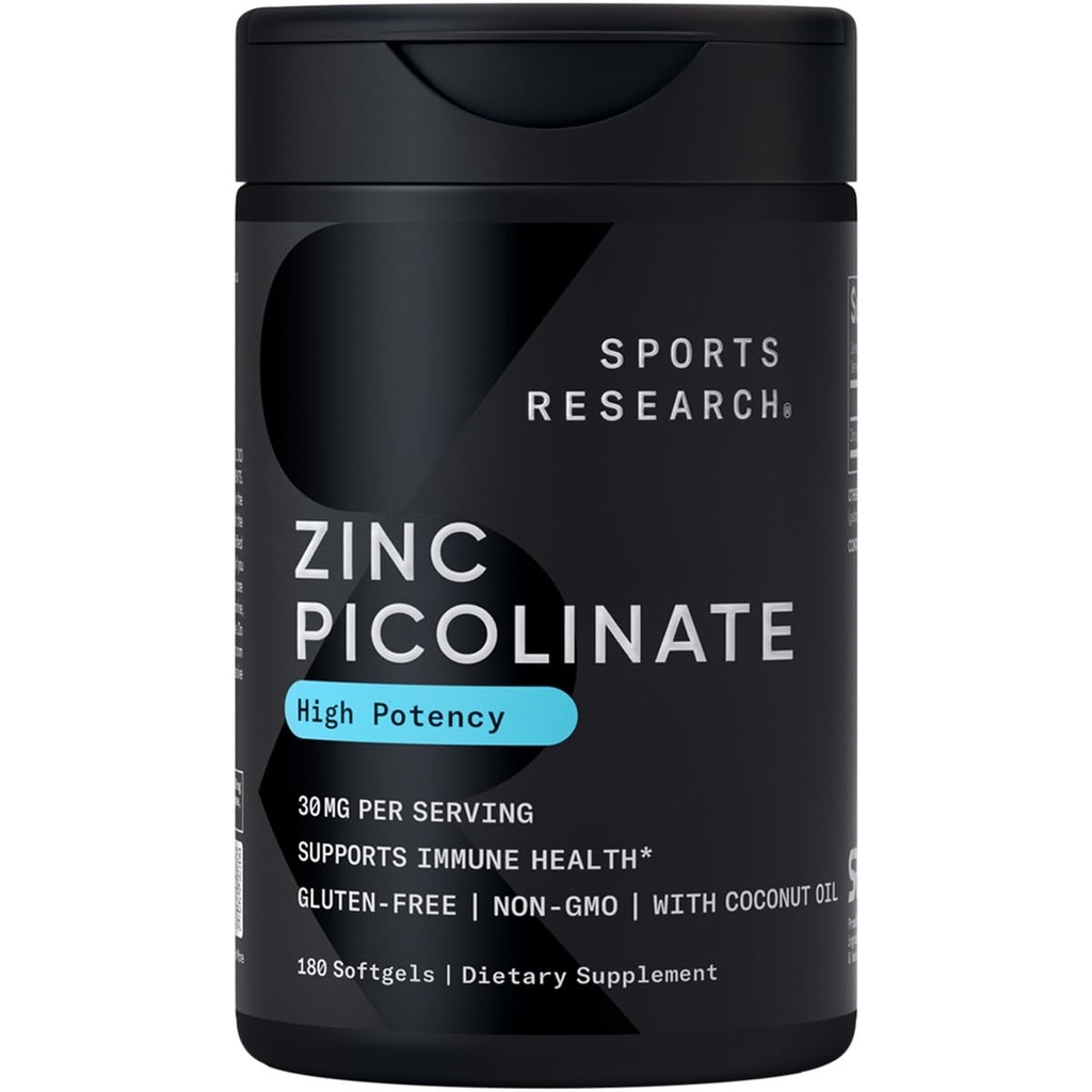 Recherche sportive Picolinate de zinc haute puissance 30mg avec de l'huile de coco biologique. Supplément de zinc hautement absorbant pour une fonction immunitaire et enzymatique saine - Non-OGM testé et sans gluten (180 softgels liquides)