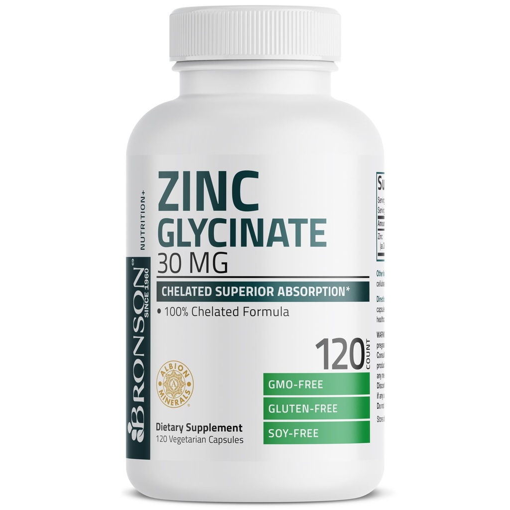 Bronson Zink Glycinate 30mg Chelat Superior Absorption 100% Chelat Formula Non-GMO, 120 Vegetarische Kapseln