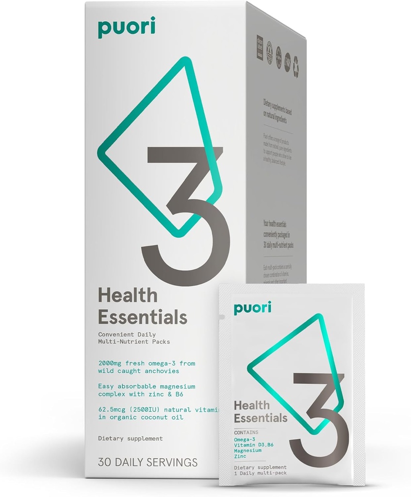 Puori P3 Health Essentials - Multivitamine für Männer und Frauen - 30 Portionen - Omega 3, Vitamin D, Magnesium, Zink - Multi-Nutrient für Gehirne und Energie