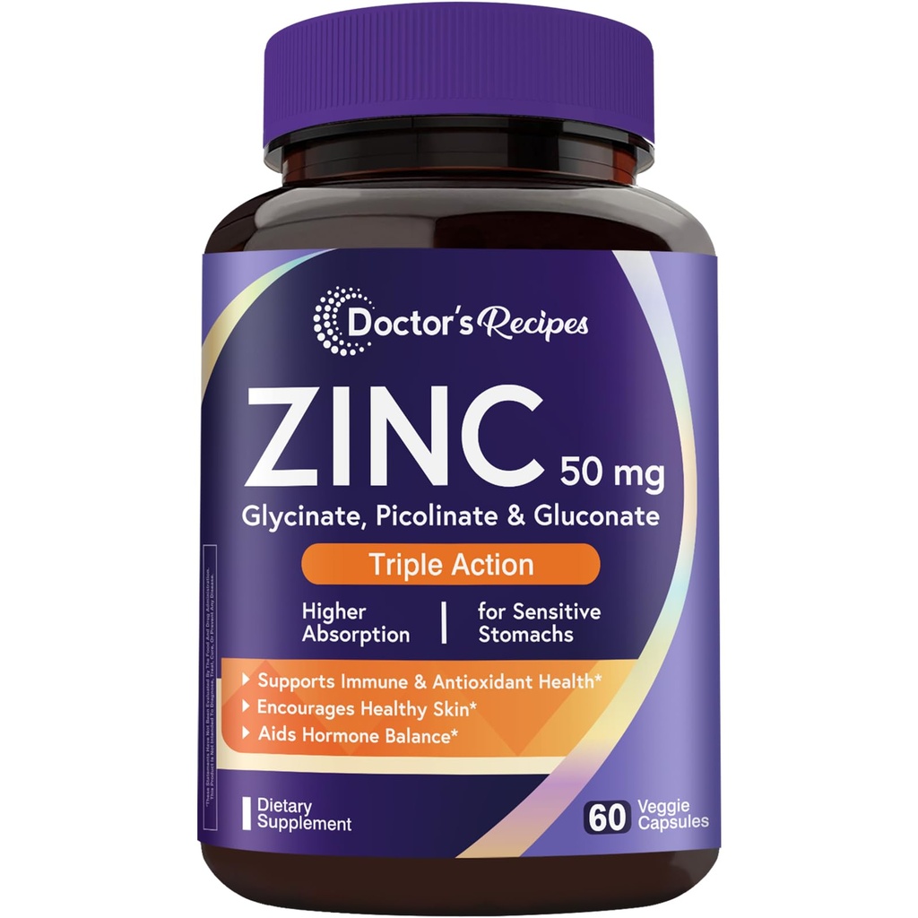 Doctor's Recipes Zinc Supplement 50mg, Triple Action Immune Support, Chelated Zinc Picolinate, Glycinate & Gluconate, Once Daily for Men & Women, Skin Health, Hormone Balance, Vegan, 60 Capsules