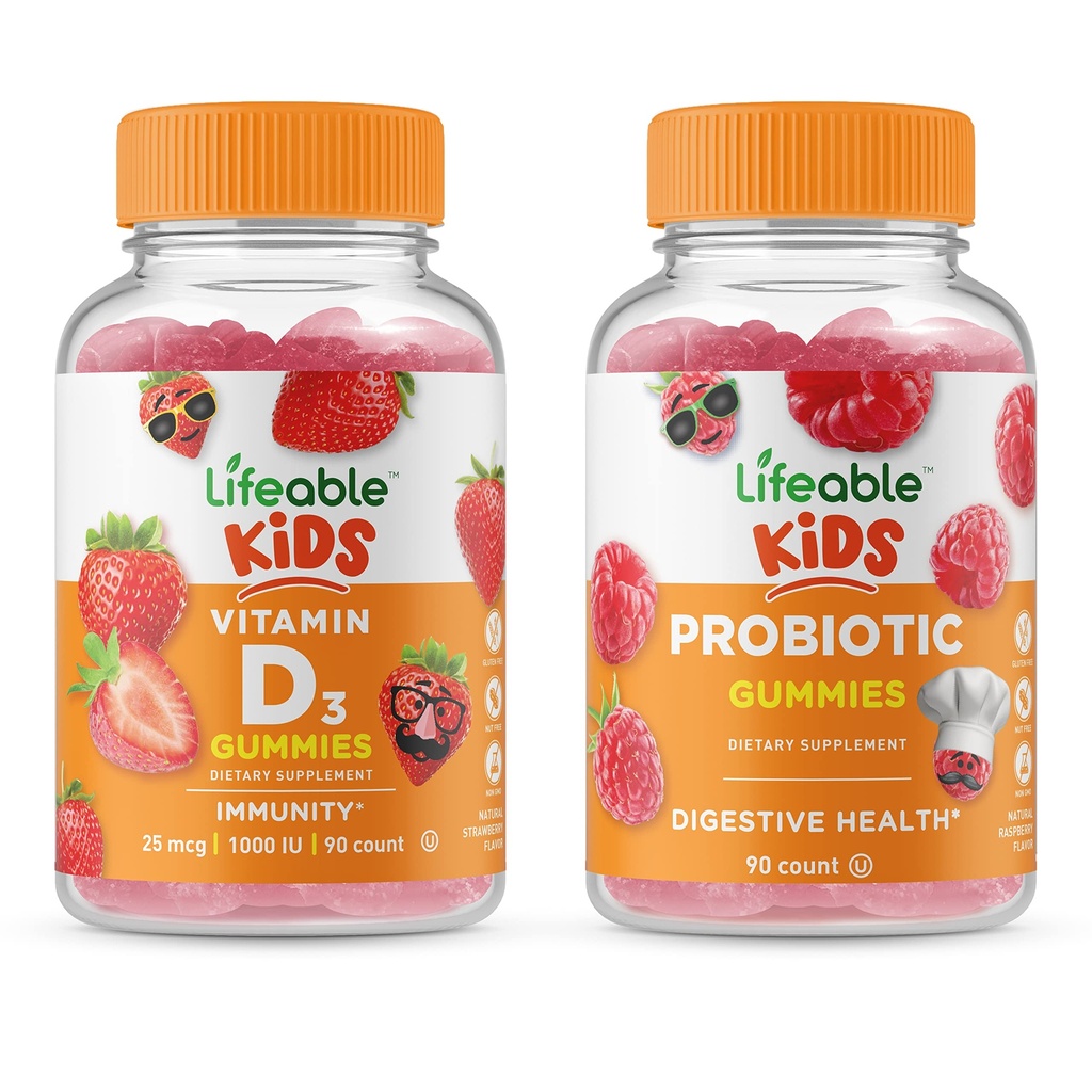 Lifeable Probiotique 2 milliards UFC Enfants + Vitamine D Enfants, Gommies Bundle - Grande dégustation, supplément de vitamine, sans gluten, sans OGM, gommy à croquer