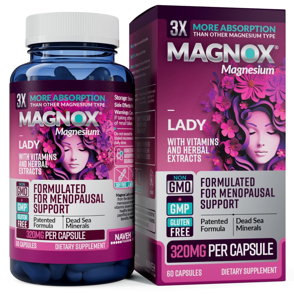 MAGNOX Lady Magnésium Supplément de soutien à la ménopause et au SPM pour les femmes Complexe de magnésium avec vitamines B6, B1, B12, D, Zinc.