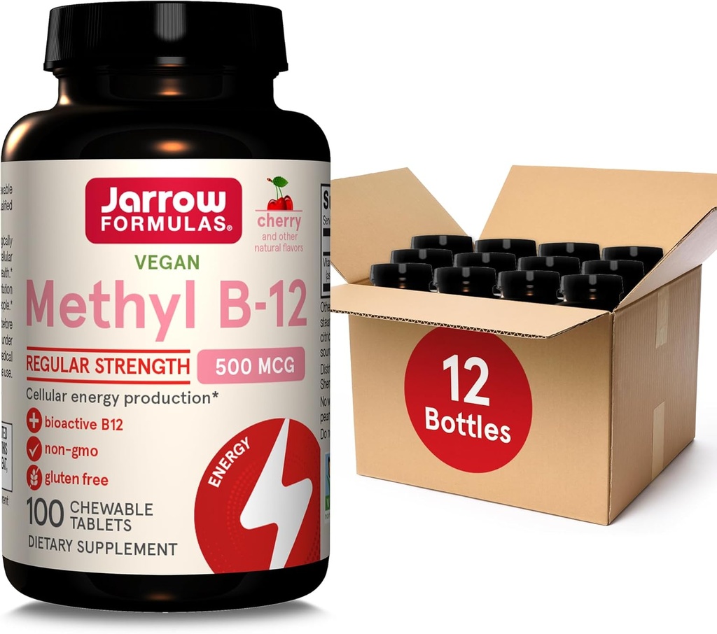 Jarrow Formulas Regular Strength Methyl B-12 500mcg, Nahrungsergänzung für Cellular Energy Production und Brain Health Support, 100 Cherry-Flavored Chewable Tablets, 100 Day Supply, Pack von 12