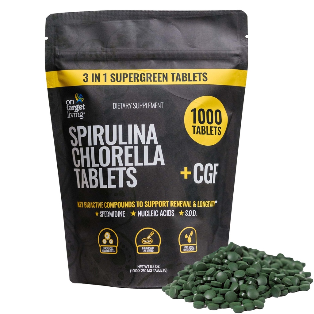 Anvisiert lebende Spirulina Chlorella + CGF | 1000 Supergreen Tabletten | Vegan | Immununterstützung | Hoch in Protein | Alkalysieren | Nährstoffdichte | Energie | Erholung