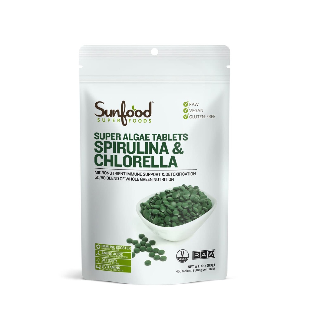Sunfood Superfoods Chlorella Spirulina Tabletten - Spirulina und Chlorella Grüne Algen Tabletten für Frauen und Männer, Quelle von Chlorophyll, B-Vitamine und Protein, gebrochene Zellwand, Vegan - 4 oz Beutel