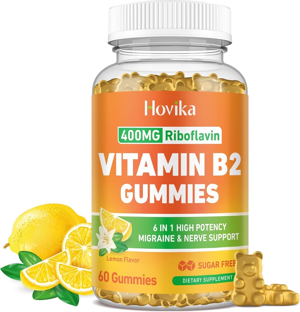 Vitamin B2 Gummies Riboflavin 400mg Supplement für Männer und Frauen - Reines Magnesium, Ashwagandha, CoQ10, Omega 3, Vitamin B12 - Migraine Relief & Energy, Nervous System Support - Zuckerfrei, 60 Zähler