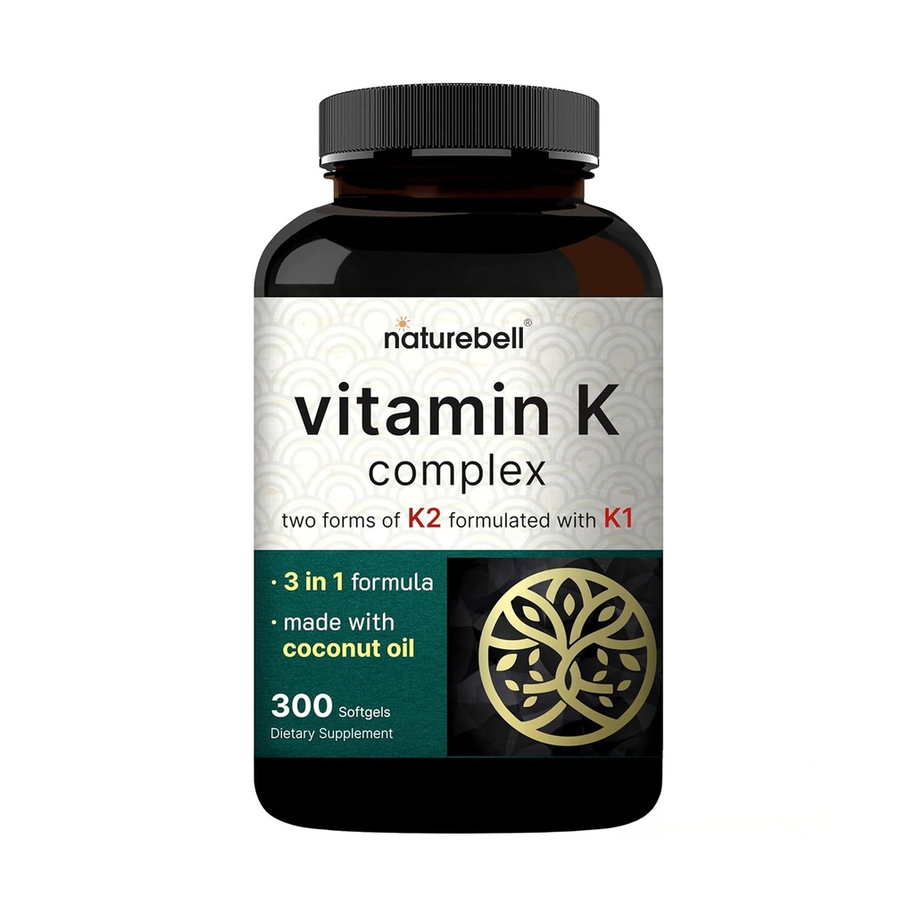 NatureBell Vitamin K Complex - 300 Softgels - Liefert 2.600mcg Vitamin K - Full Spectrum Bone & Heart Health Support Supplement - Hohe Absorption K1 & K2 MK-4 & MK-7*