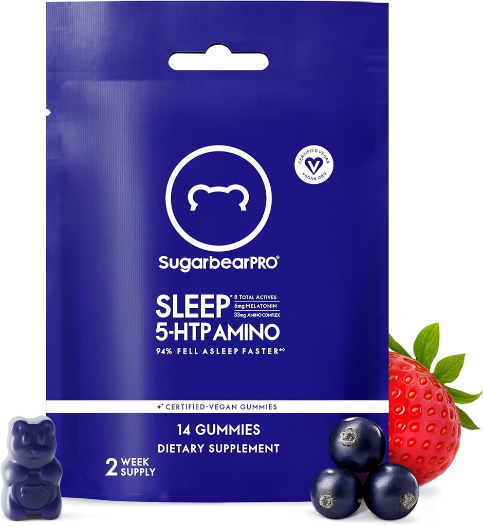 SugarBearPro Sleep Gummy 14 Day Supply, Extra Strength Melatonin 6mg, für Männer & Frauen, Vegan Vitamin B6, L-Theanin, 5 HTP, Valerian, Schlafhilfe für Erwachsene & Jugendliche, Certified Kosher
