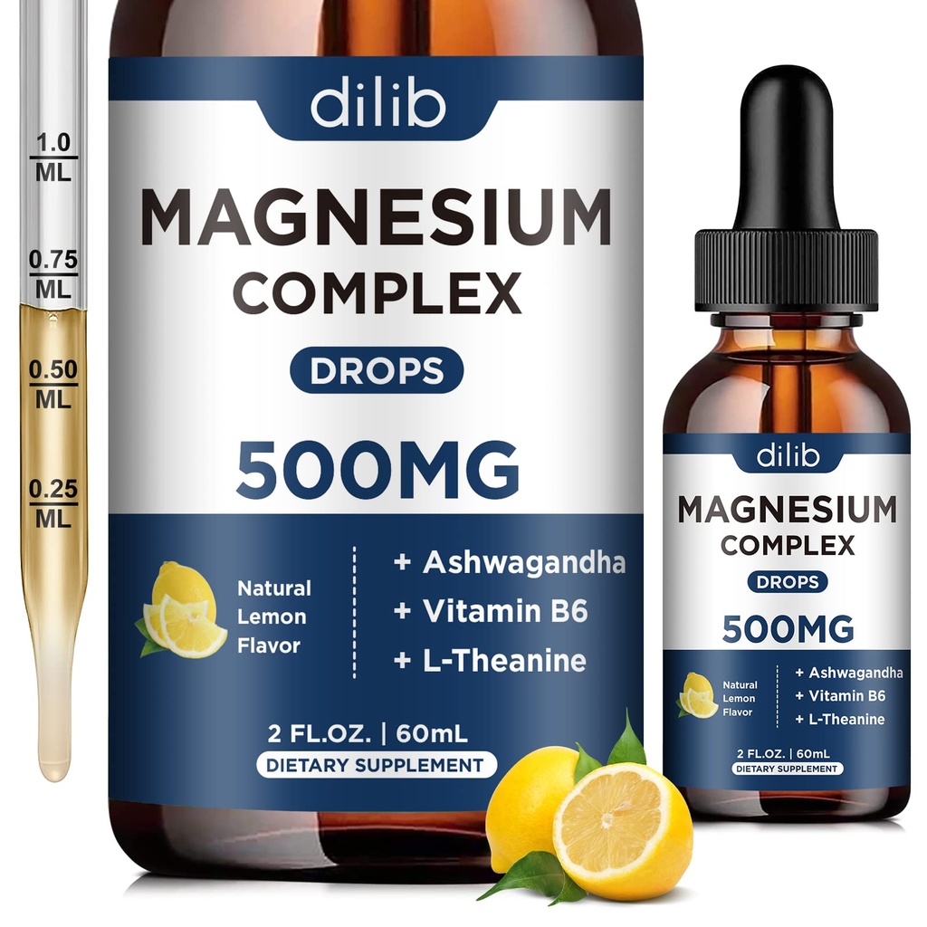 Magnesium Glycinate Flüssigkeitstropfen, Dreifache Magnesium Complex Ergänzung mit Citrat, Malate 500mg Ashwagandha, L-Theanin, Vitamin B6 für Schlaf, ruhig, Stress Relief, Knochen, Muskel, Mood - Zitronengeschmack