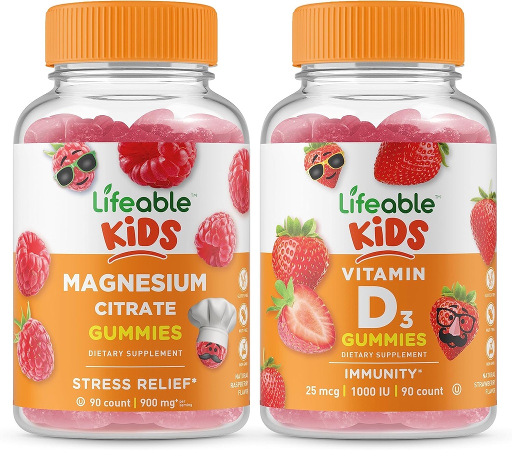 Lebensfähiges Magnesium Kinder + Vitamin D Kinder, Gummie Bundle - Große Verkostung, Vitamin-Ergänzung, Glutenfrei, GVOfrei, Kaugummi