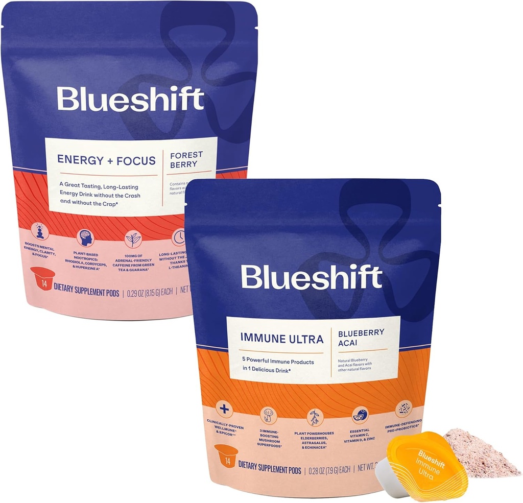 Blueshift Energy + Focus & Immune Ultra Bundle - Energy Drink Pods, Immun Support Powder, Drink Mixs for Energy & Immune Defense, Vitamin Supplement - Energy+Focus (14 Pack) & Immune Ultra (14 Pack)