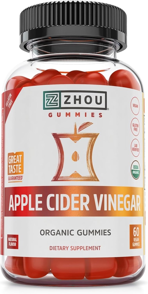 Gommies de vinaigre de cidre de pomme de Zhou - Gommies de vinaigre de cidre de pomme pour les femmes et les hommes avec des baies d'eau, goût délicieux avec sucre de canne brut, USDA bio - 60 Gommies végétaliens
