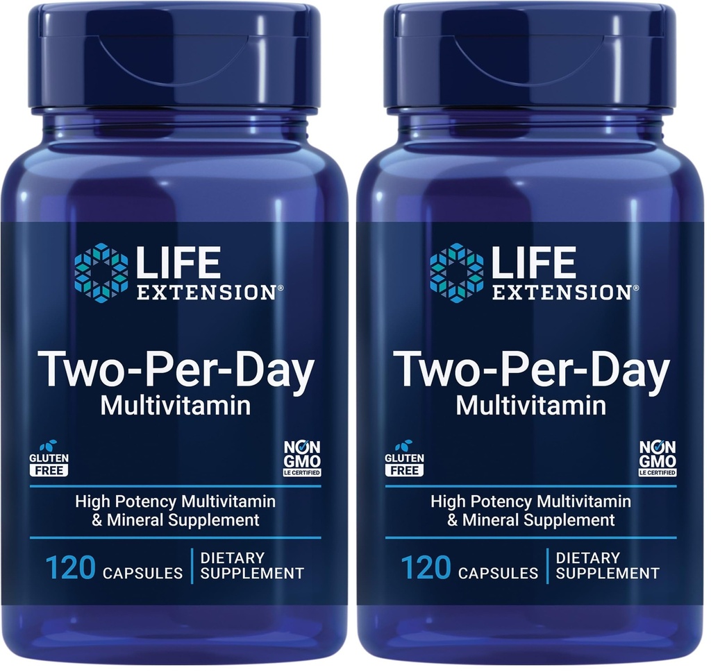 Life Extension Two-Per-Day Multivitamin, Vitamins B, C, D, zinc, Packed with Over 25 Vitamins, Minerals & extracts, Two-Month Supply, Non-GMO, Gluten-Free, 120 Capsules (Pack of 2)