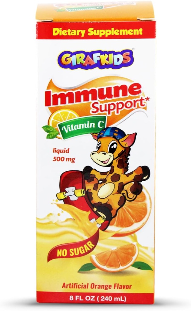 GirafKids flüssiges Vitamin C für Kinder Alter 4+ | 8 Fl Oz, 500mg | No-Sugar Formel mit Safe, Premium Zutaten | Delicious Orange Flavor | Immununterstützung & Energie Boost