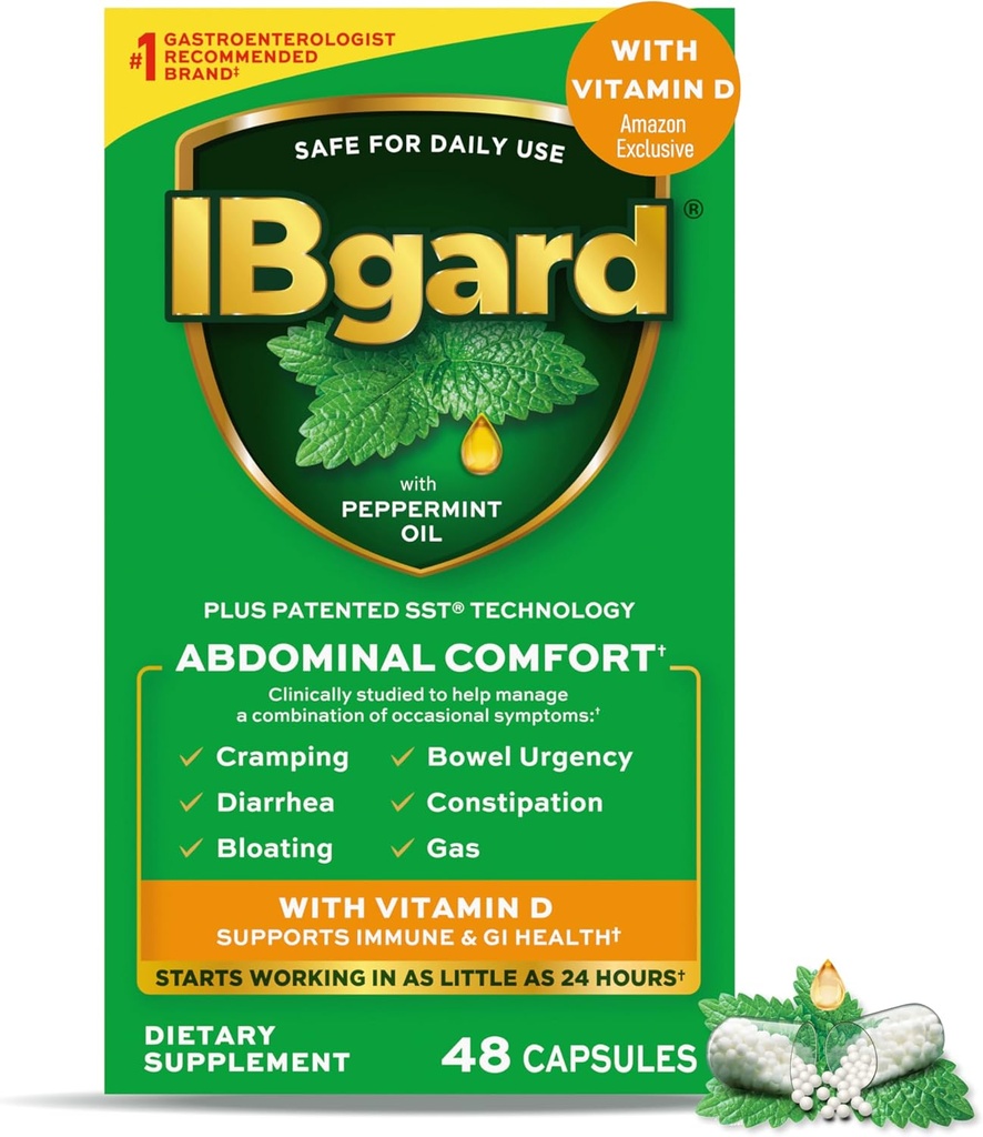 IBgard With Vitamin D, Peppermint Oil Capsules, Supports Immune and GI Health, 48 Capsules (Amazon Exclusive)
