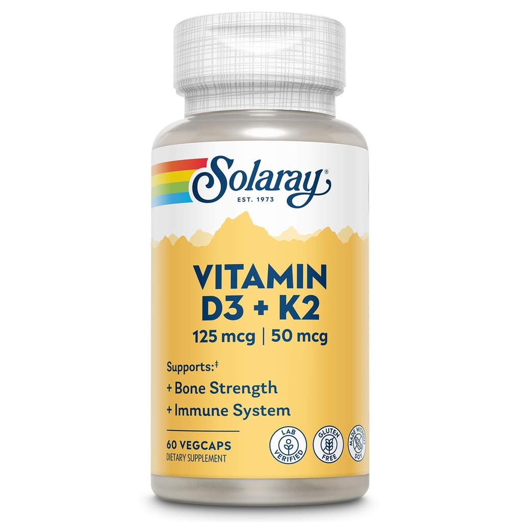 SOLARAY Vitamine D3 K2 - Supplément de soutien osseux et immunitaire - avec 5000 UI Vitamine D comme VIT D3 et 50 mcg Vitamine K2 comme Ménoquinone MK7, fabriqué sans soja, garantie de 60 jours, 60 portions, 60 capsules de légumes