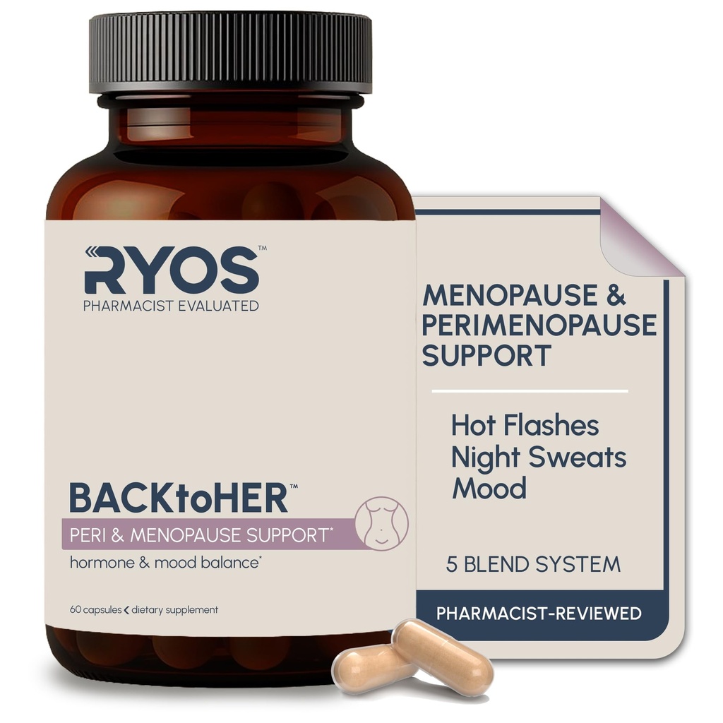 RYOS Menopause & Perimenopause Supplement for Women – Hot Flash & Night Sweat Support, Hormone Balance & Mood – Black Cohosh, DIM, Maca, Probiotics BACKtoHER, 60 Vegan Capsules
