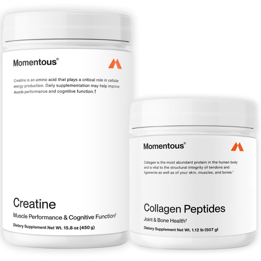 Momentous Creatine Monohydrat Pulver & Grass-Fed Collagen Peptides Powder Stack - unterstützt Stärke, Lean Muskel, & Recovery - FORTIGEL & Vitamin C für Haar, Haut, Nägel, & Joint Health Support