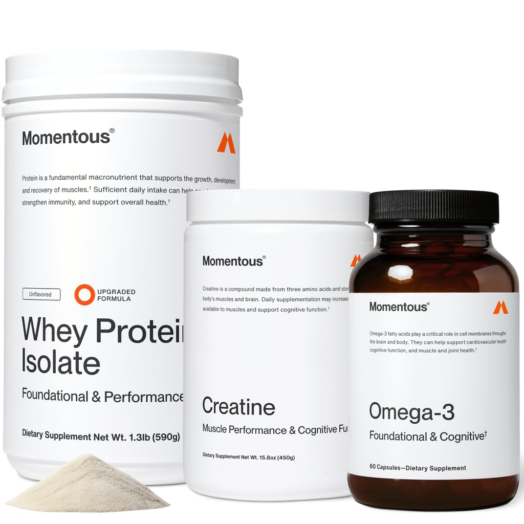 Poudre monohydratée de créatine (90 portions), poudre de protéines de lactosérum (non aromatisée) et huile de poisson oméga-3 1600mg - Essentiels quotidiens pour la force, la performance et la récupération musculaire maigre