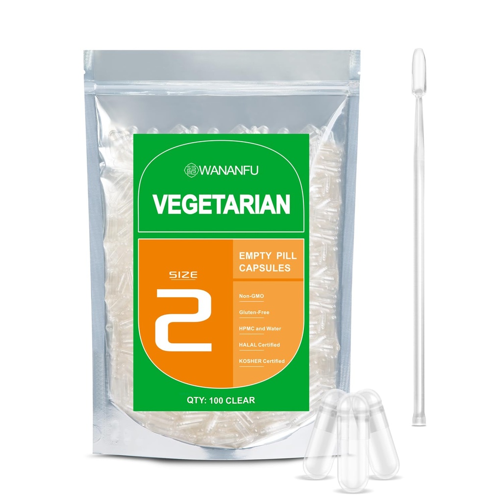wananfu Size 2 Empty Capsules Vegetarian (100 Count) Bundle with 2 Micro Lab Spoons, Clear Fillable Veggie Pill Capsules Size 2 for Making Your Own Supplements