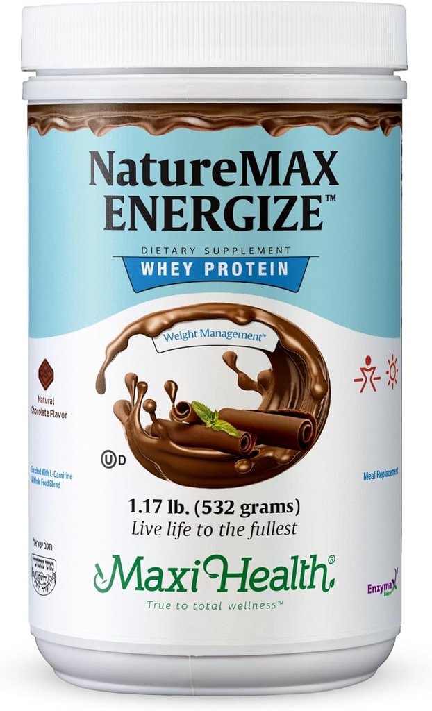 NatureMax EnergizeTM Whey Protein Powder- Energy Support Meal Ersatz - 20g Protein Per Serving - Natürliche Schokolade Geschmack - Kosher Dairy Vitamin - 1.17lb