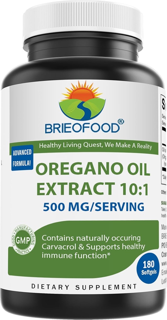Brieofood Oregano Öl 10:1 Extrakt 500 mg pro Servierung - Enthält natürlich Carvacrol - Gesunde Immunfunktion - 180 Softgels