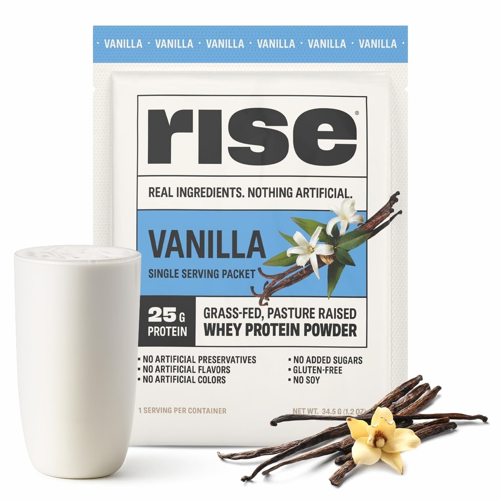 Rise Grass-Fed Whey Protein Powder - Vanille | 25g Protein Keine künstlichen Geschmacksrichtungen, Farben oder Konservierungsstoffe - Zuckerfrei, Glutenfrei, Sojafrei (Single Serving, 1 Pack)