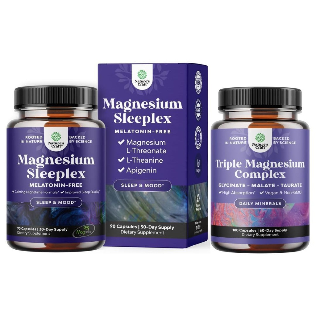 Bundle of High Absorption Magnesium Sleep - L-Threonate Apigenin Theanine for Sleep & Rest - Melatonin Free and Triple Magnesium Complex Supplement - Magnesium Glycinate, Malate & Taurate Blend
