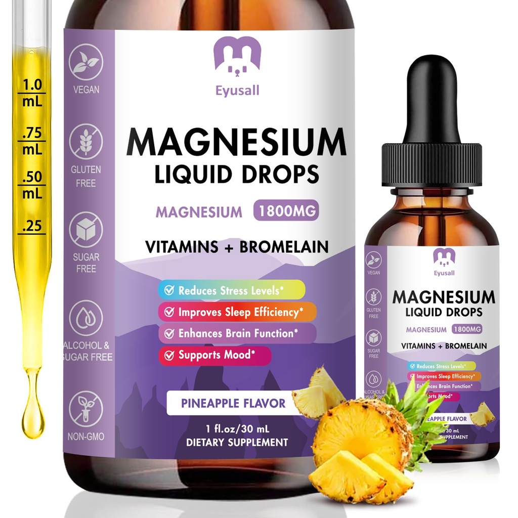 Magnesium Glycinate Liquid Drops, Liquid Magnesium Drops 1800MG, Bromelain, Vitamin D3, C, B6 – Pineapple Flavor, Support Nerves, Sleep, Relaxation, Muscle, Bone