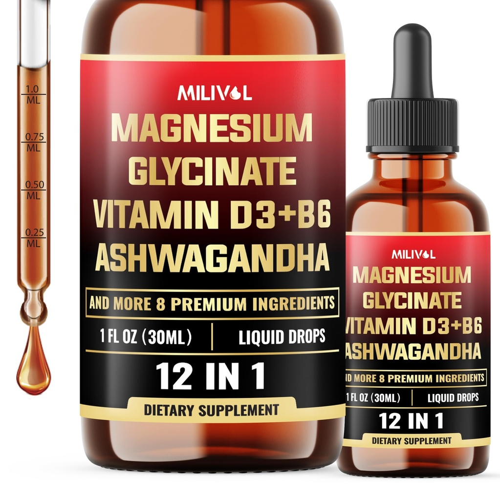 12in1 Magnesium Glycinate Liquid Drops and Ashwagandha, L-Theanine, GABA, Sea Moss, Elderberry - 1 FL Oz - 30 Servings