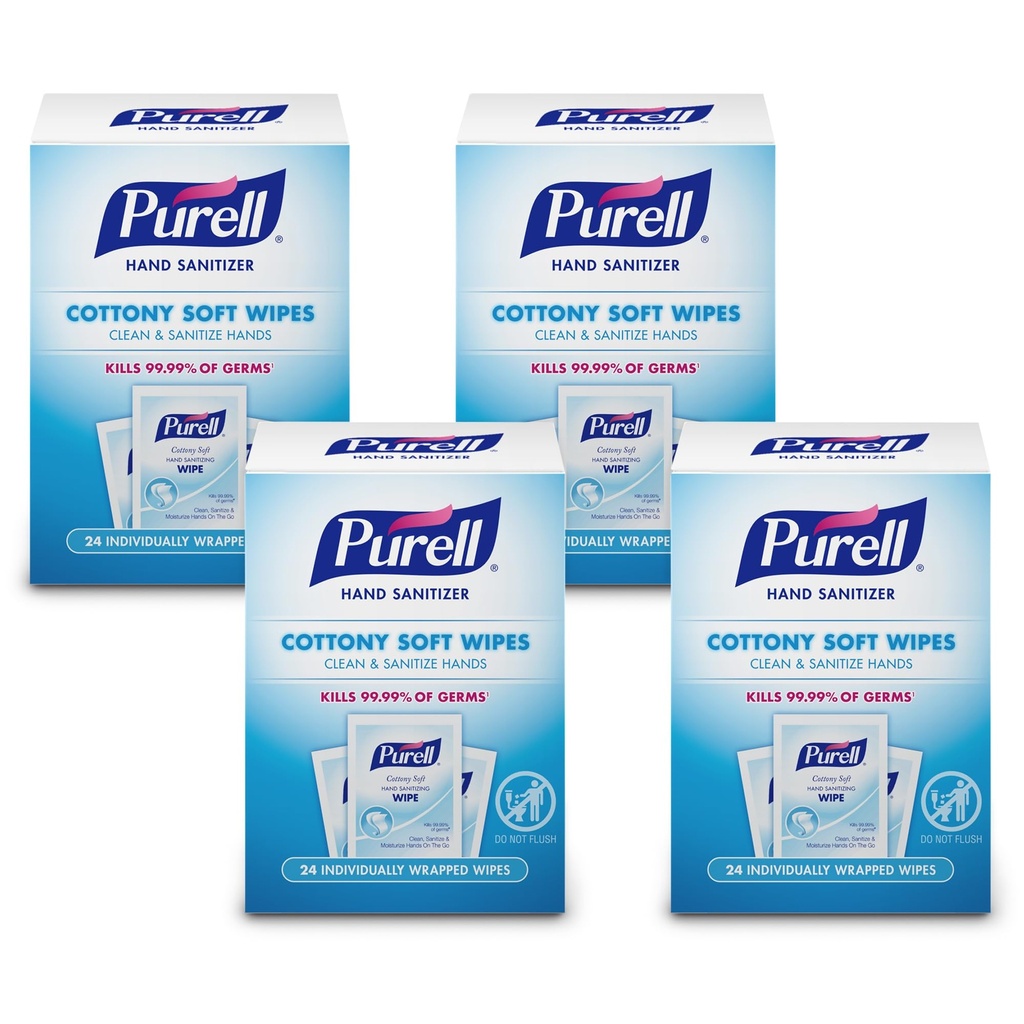 PURELL Cottony Soft Hand Sanitizing Wipes Clean Scent, 24 Individually Wrapped Wipes (Pack of 4 Boxes) - 9029-04-CMR