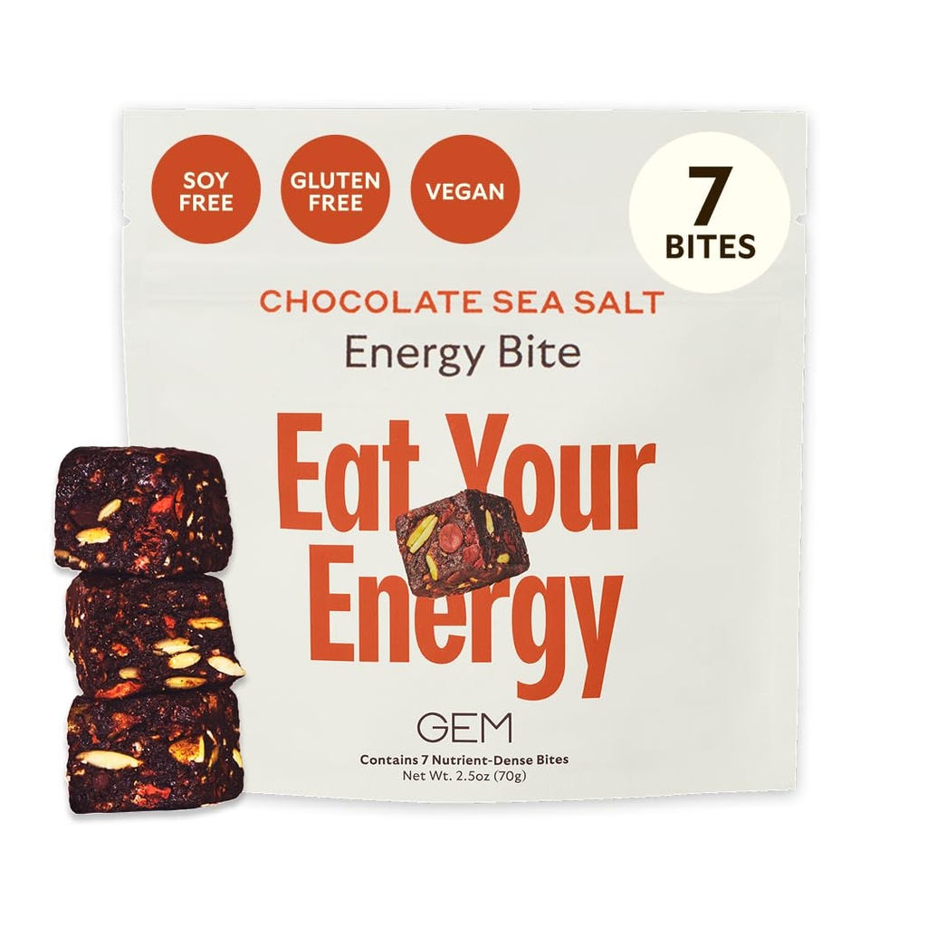 GEM Energie Koffeinierte Biss | Holistic Sustained Energy | Unterstützt Stoffwechsel, Stamina & Endurance | 40mg Koffein, Ginseng Root, L-Theanine | Chocolate Cacao Sea Salt | 7 Servierungen