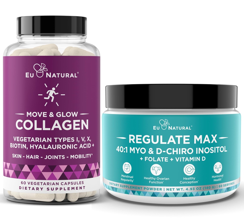 Move & Glow Collagen Pills and Regulate MAX Powder Bundle - Vegetarian Collagen Support for Skin, Joints + Myo-Inositol D-Chiro Inositol for Hormone Balance - 60 Capsules + 60 Servings Powder