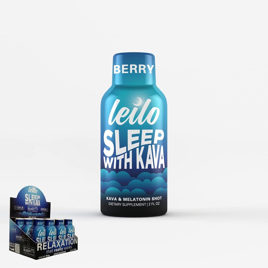 Leilo | Sleep Shot w/Melatonin (3mg) & Kava, GABA, Magnesium Liquid Liquid Supplement | Sugar-Free | Berry Flavored, 2 Unzen, Pack von 12