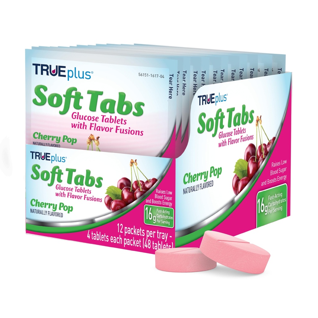 Comprimés de glucose TRUEplus® Soft Tabs – 12 paquets – 48 onglets (Cherry Pop)