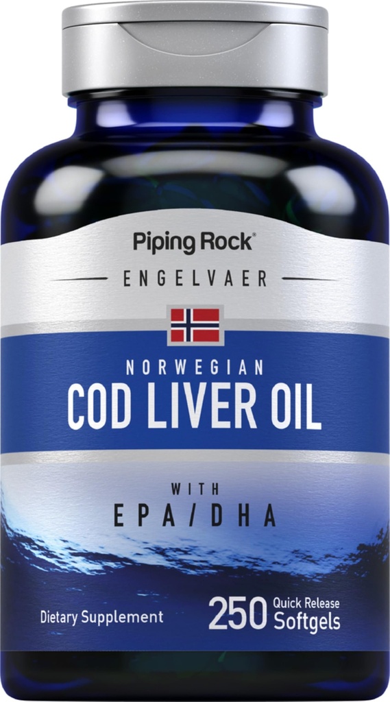 Piping Rock Cod Foie Huile Softgels de 250 Count de l'EPA DHA. Engelvaer Norwegian.