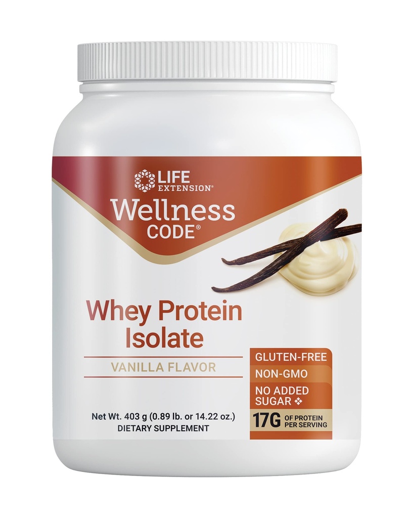 Life Extension Wellness Code® Whey Protein Isolate (Vanilla), Protein und verzweigt-Chain Aminosäuren für Muskelwachstum und Immungesundheit, kein Zucker hinzugefügt, Glutenfrei, Non-GMO, 403 Gramm (20 Servierungen)