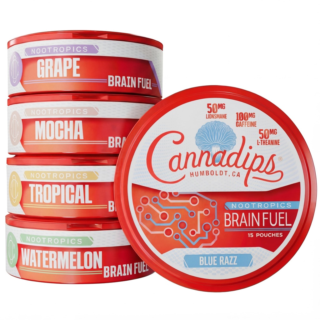 Cannadips - Cerveau Fuel Variety Pack - Nootropic Caffeine Pouches - 50mg Lion's Mane, 100mg Caféine, 50mg L-Theanine, Pas de sucre - L'énergie propre Brain Fuel pour la performance cognitive, Fabriqué aux États-Unis (5-PACK)