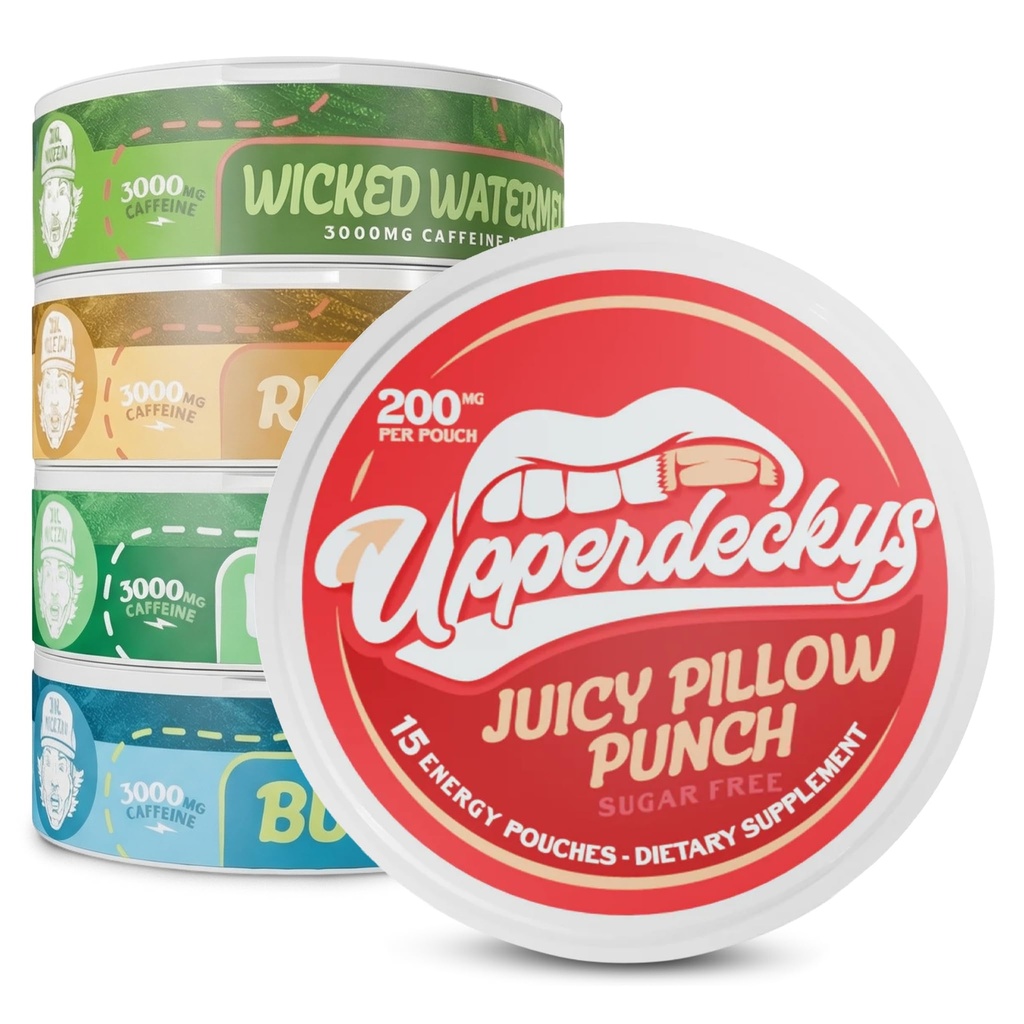 Upperdeckys Caffeine Energy Pouches - Supplément de caféine de 200 mg pour l'énergie et le focus - Multi-pack Suppléments sans nicotine pour les hommes et les femmes - Pas de jitters, Pas de crash & Dip alternative - 5 Pack